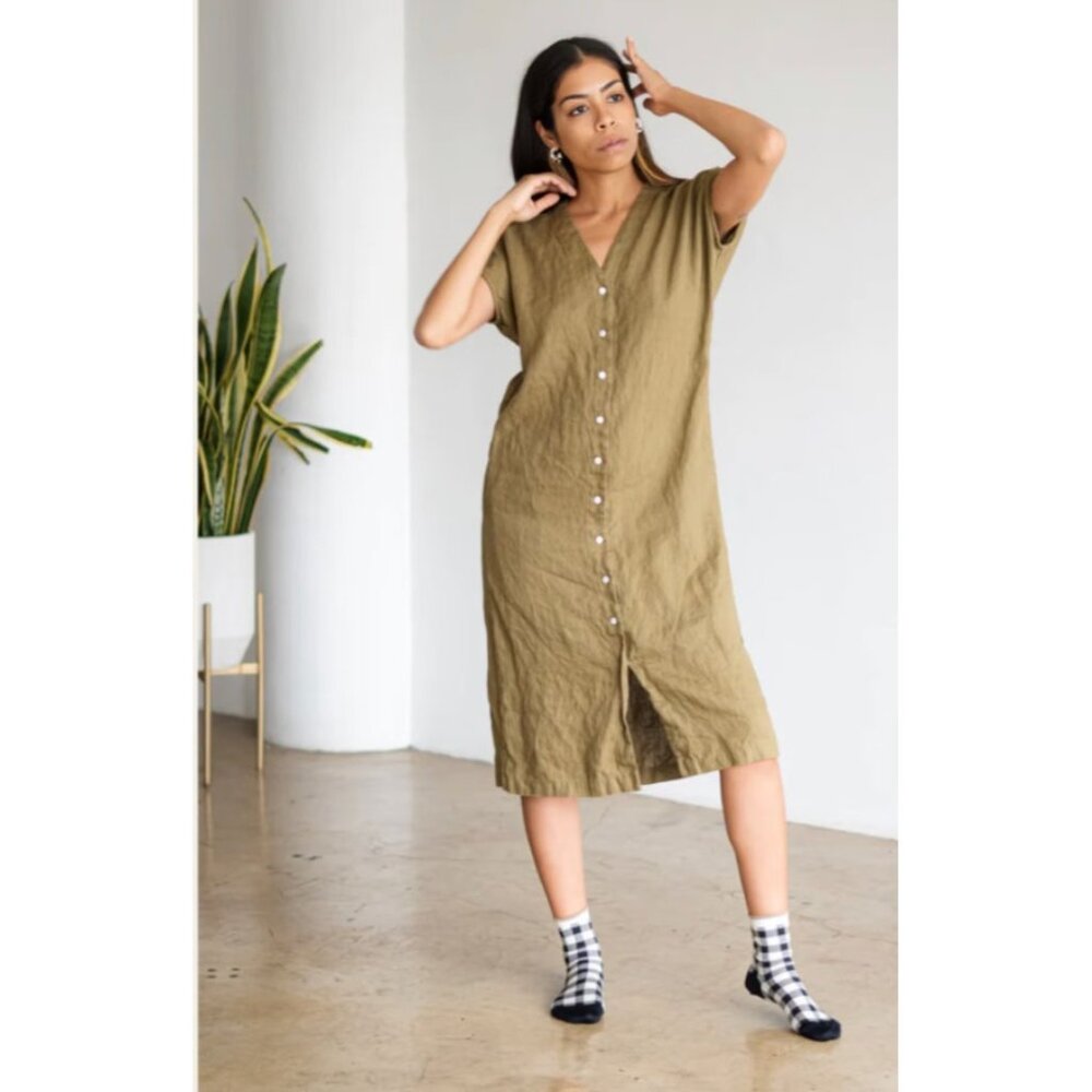 Two Days‎ Off Kaneko Linen Dress Button Up Short Sleeve V Neck Moss Green Small
